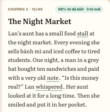 Trang truyện The Night Market, chương 2, với ghi chú 98% từ đã biết và 3 từ mới